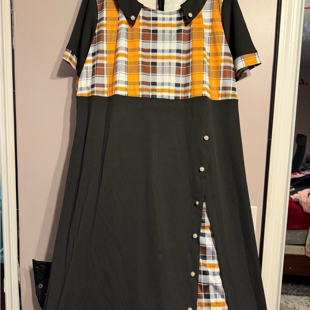 Girls Black Dress with Mustard Plaid Accents